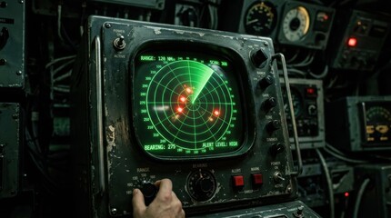Fototapeta premium Vintage Submarine Radar Screen with Glowing Red Targets and Alert Level High in Dark Control Room
