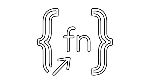 Technical vector icon illustration of Javascript functions and code brackets, ideal for web development tutorials, programming documentation, and software engineering concepts in a sleek line style.