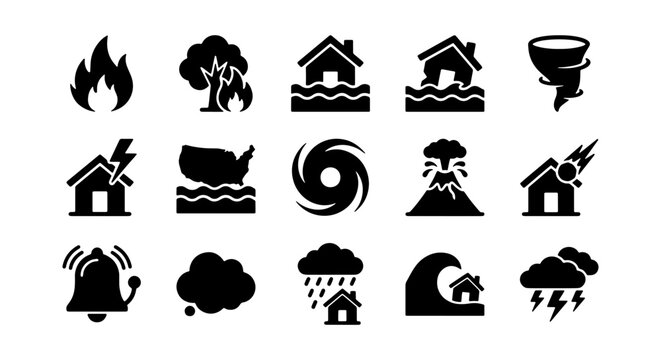 Disaster Icons Set: Fire, Flood, Storm, Earthquake, Volcano, Tornado, Hurricane, Tsunami, Bell, Cloud, Lightning, House Damage, Natural Hazards