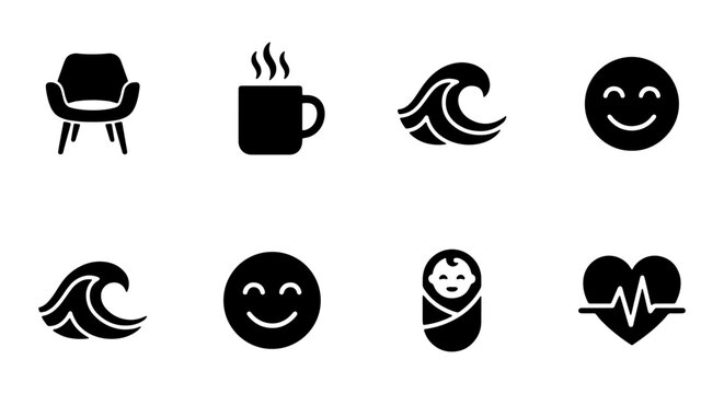 Modern Minimalist Icon Set: Chair, Coffee, Waves, Smile, Baby, Heartbeat, Vector Graphics for Web Design and Apps