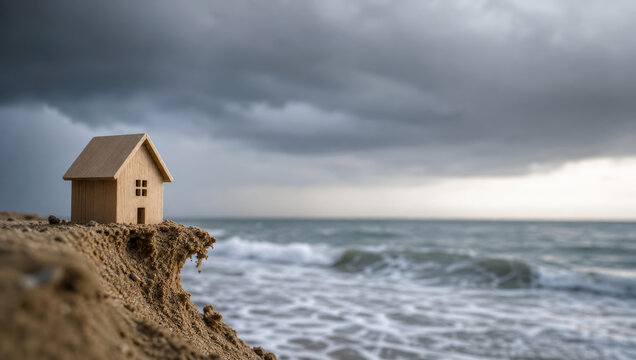 Miniature wooden house on sandy cliff above ocean under stormy sky, highlighting esg and conservation concerns for coastal environments