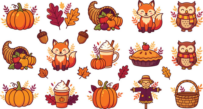Autumn woodland animals clipart set with fox owl turkey pumpkins and fall leaves