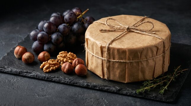 Artisanal wrapped cheese packaging mockup displayed on dark slate board with purple grapes, nuts, and rustic copy space