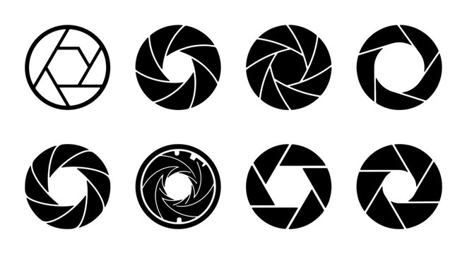 Camera Aperture Icons, Photography Diaphragm Symbols, Lens Blades Set, Graphic Design Elements
