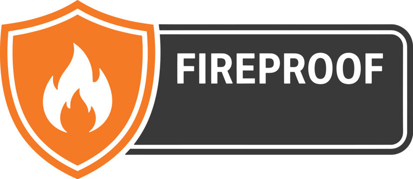 Fireproof logo design featuring shield and flame icon for safety and protection branding