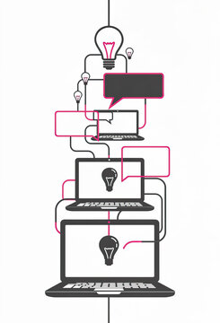 Connected Laptops With Lightbulb Icons and Speech Bubble Illustration