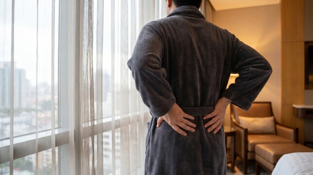 Man in bathrobe suffering from back pain standing by hotel window