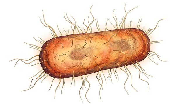 Highly detailed scientific illustration of a Salmonella bacterium featuring flagella for motility.