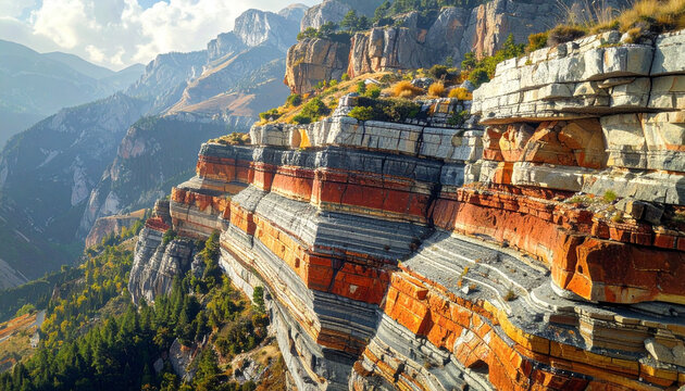Mountain landscape with layered rock formations and trees