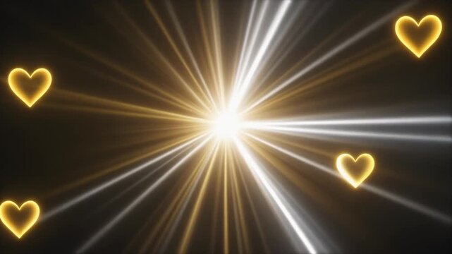 Radiant Golden Light Beams with Glowing Hearts Emanating from Central Point Abstract Motion Background Full HD 1080p Professional Video