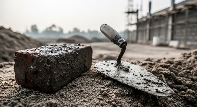 construction site with trowel and brick on ground