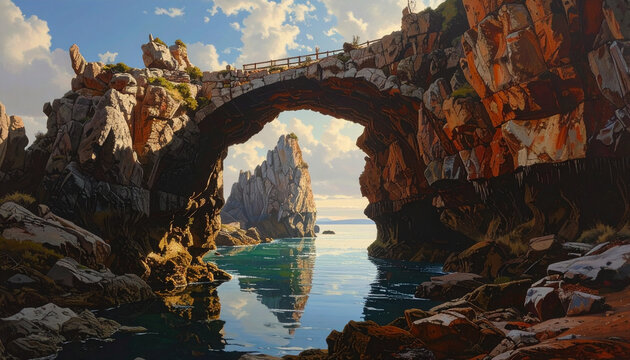 Rocky Arch Bridge Over Calm Sea Water Under Blue Sky