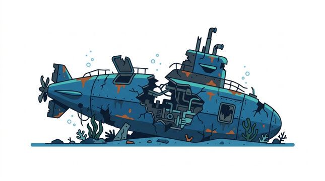 Damaged blue submarine wreck on the seabed illustration.