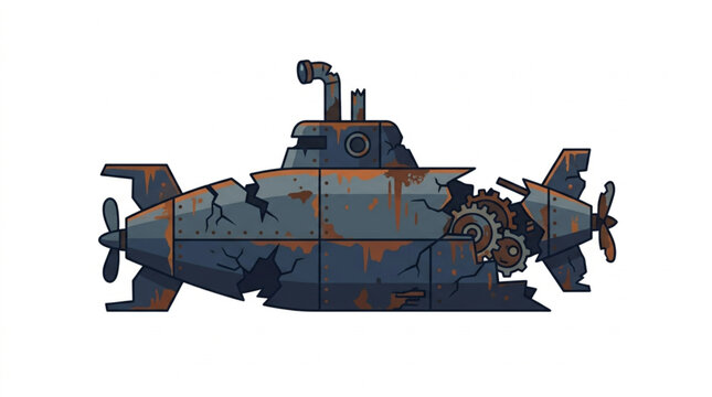Damaged Rusty Submarine Illustration.