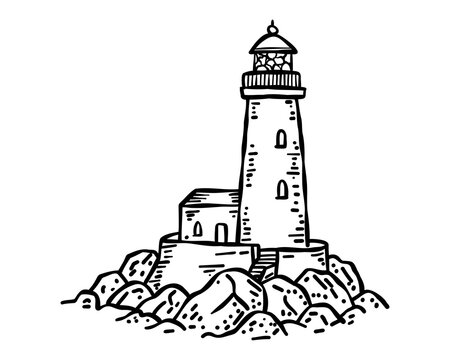 Black line art lighthouse on rocks, simple nautical coastal doodle icon for seaside travel, harbor, beach and summer vacation designs
