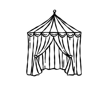Black hand drawn beach cabana tent doodle, simple summer resort line icon for seaside holidays, vacation rentals and coastal decor