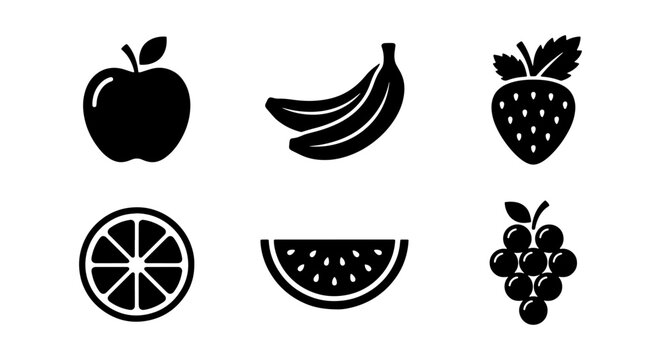 Vector Fruit Icons Set: Apple, Banana, Strawberry, Orange Slice, Watermelon Slice, Grapes Collection