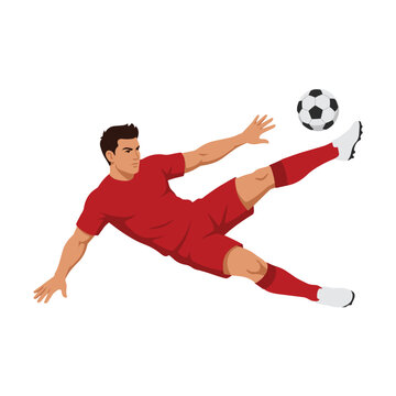 Male Soccer Football Player Dynamic Mid Air Bicycle Kick Action Pose Red Jersey Black Background Studio Shot
