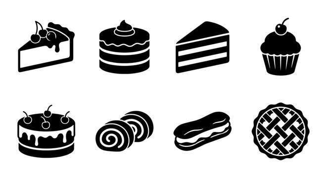 Dessert Icons Set, Sweet Pastry Vector Graphics, Delicious Cake and Pie Symbols, Bakery Food Collection