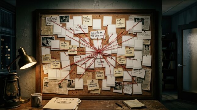Detective investigation cork board with evidence and red string