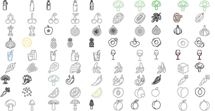 Food and Beverage 1 Vector Icon Set Bundle featuring 90 Minimalist Line Art Illustrations of Healthy Fruits Vegetables and Drinks like Broccoli Cherry Garlic Water Fig and Apple Core for Modern Menu