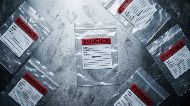 Police evidence bags on a textured metal surface