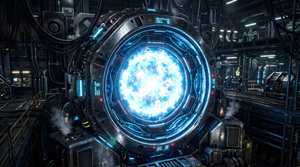 Fototapeta premium Futuristic Energy Core: A powerful, glowing blue energy core hums within a complex, industrial chamber, surrounded by intricate machinery and wiring.