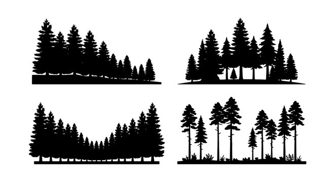 Black Silhouette Forest Scenes, Evergreen Trees Collection, Pine Woodland Landscapes, Nature Vector Graphics