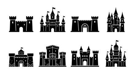 Medieval Castle Silhouettes, Fantasy Fortress Icons, Royal Architecture Vector Set, Fairytale Kingdom Buildings © Tanvir