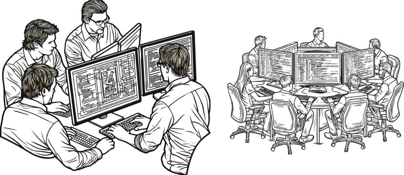 A diverse group of programmers collaborates on a new mobile application using detailed black-and-white vector illustrations in isometric perspective