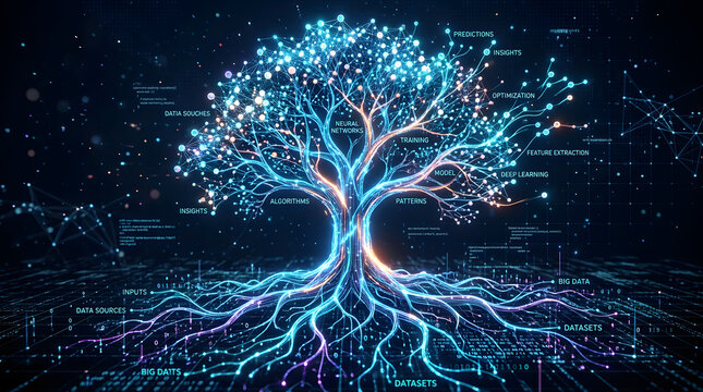 Digital Tree of Knowledge: A luminous, digital tree branches out with glowing nodes representing data and information, its roots firmly planted in a network of code.