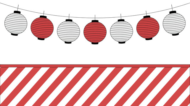 String of colorful paper lanterns hanging against a striped background