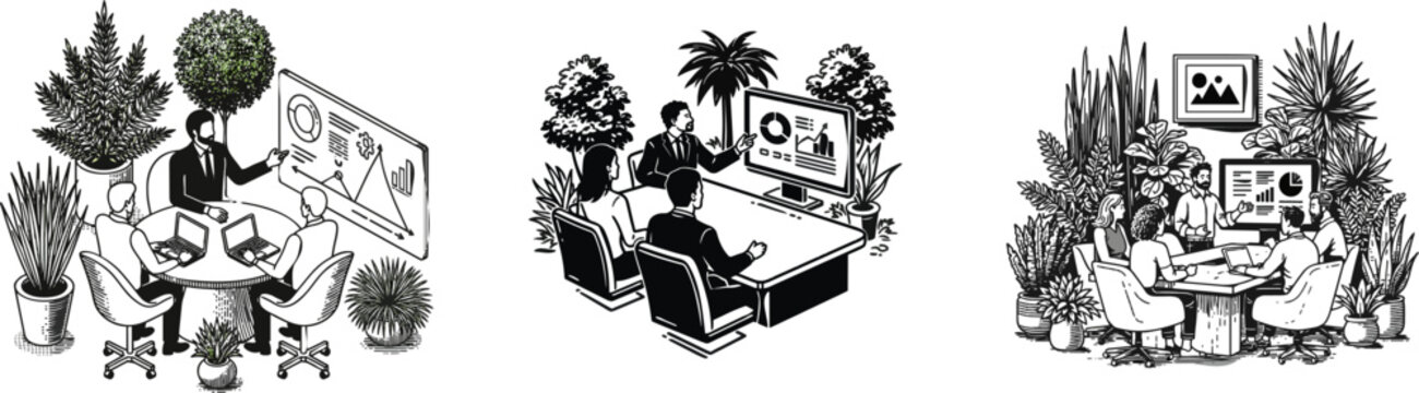 A business leader from a BIPOC background leads a modern conference room meeting with a team using detailed charts on a large screen