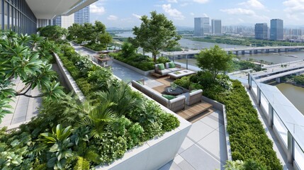 Obraz premium Luxury rooftop garden oasis with lush greenery and panoramic city skyline views