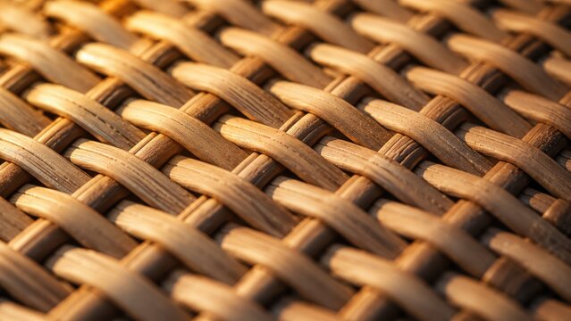 Natural woven bamboo basket texture close up showing details of intricate rattan pattern.
