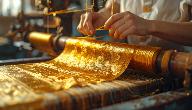 Golden fabric weaving on traditional loom machine close-up