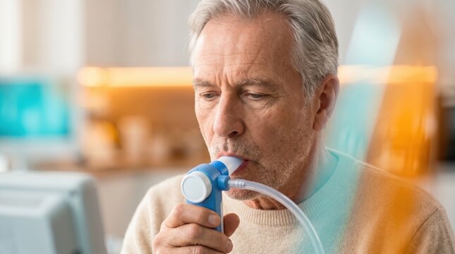 Elderly man using a spirometer for lung function test. Respiratory health monitoring and asthma diagnostic concept