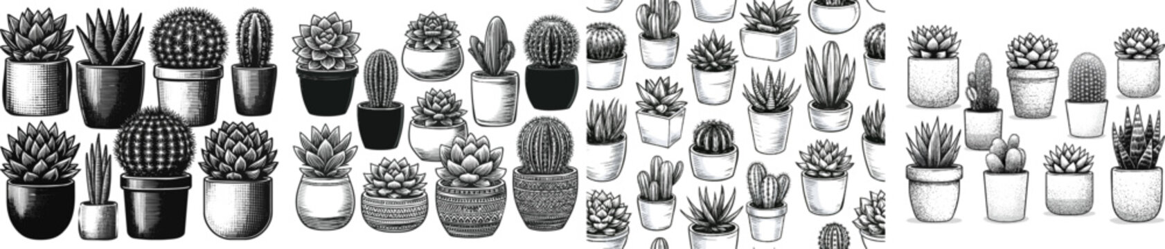 A meticulously designed textile pattern showcases an array of succulents and cacti in minimalist planters, rendered in a high-contrast black and white vector style against a pure white background