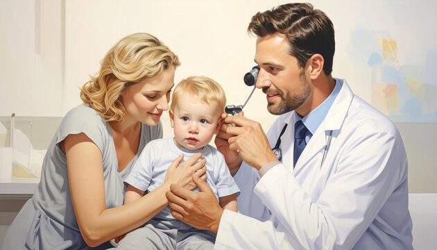 Doctor examining baby's ear with otoscope held by mother