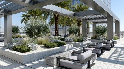 Obraz premium Modern Rooftop Terrace with Lush Greenery, Seating, and City Views