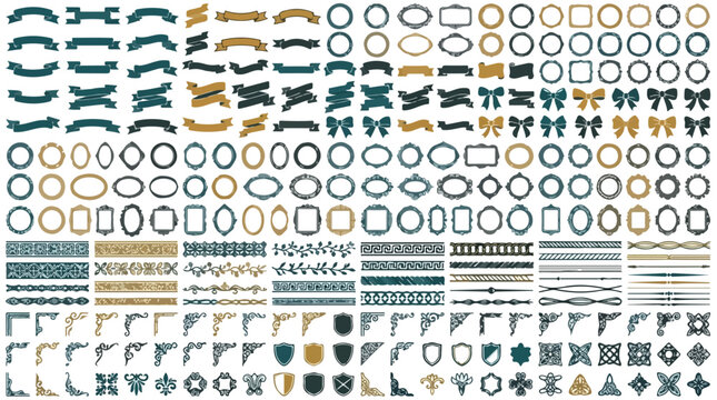 Vintage decorative elements set, ornate ribbon banners and frame borders, elegant gold and teal corner dividers, classic vector label collection