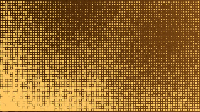 Abstract halftone pattern with golden square pixels on dark background