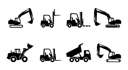 Construction Vehicle Icons Set: Excavators, Forklifts, Dump Truck, Loader, Heavy Machinery Graphics © Laboni