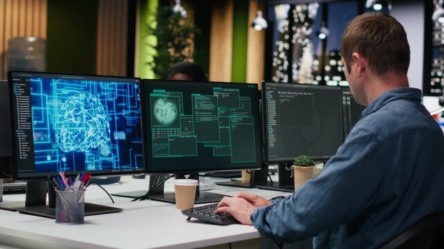 System administrators in office working together to block hacker intrusion, brainstorming. IT startup coworkers colleagues coordinating incident response for scammer attacks for coding workflows.