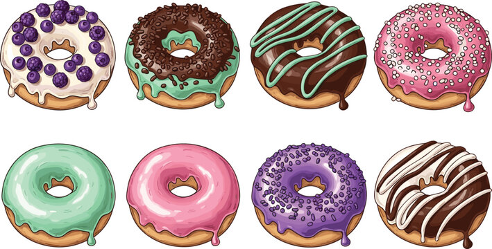 Sweet glazed donuts vector illustration set with chocolate frosting colorful sprinkles blueberry and mint toppings for bakery