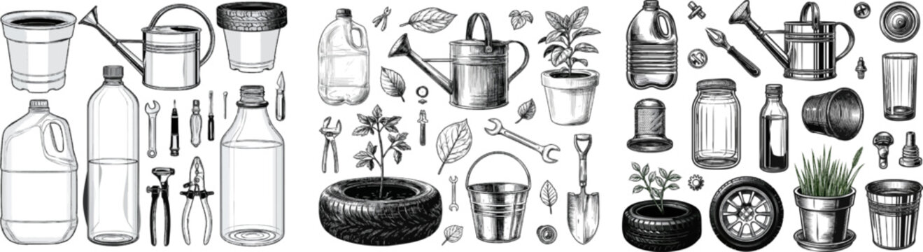 A detailed vector line art pattern showcases various upcycled items like a watering can from a milk jug and a planter from a tire, accompanied by small repair tools against a pure white background