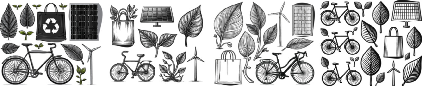 A detailed vector pattern showcases sustainable lifestyle elements such as a bicycle, reusable shopping bag, solar panel, wind turbine, leaves, and sprouts against a pure white background