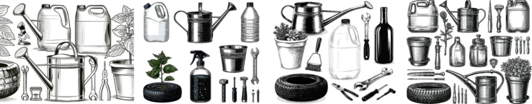 A detailed vector line art pattern showcases various reused and upcycled items, including a watering can from a milk jug and a planter from a tire, complemented by small repair tools against a pure
