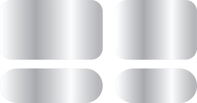 Set of four metallic silver glossy rounded rectangular and pill shaped buttons or labels with gradient texture for web design, ui elements, and interface icons