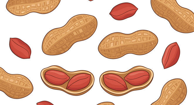 Organic peanut seamless pattern graphic element set with raw red kernels and textured whole shells for healthy snack food packaging backdrop